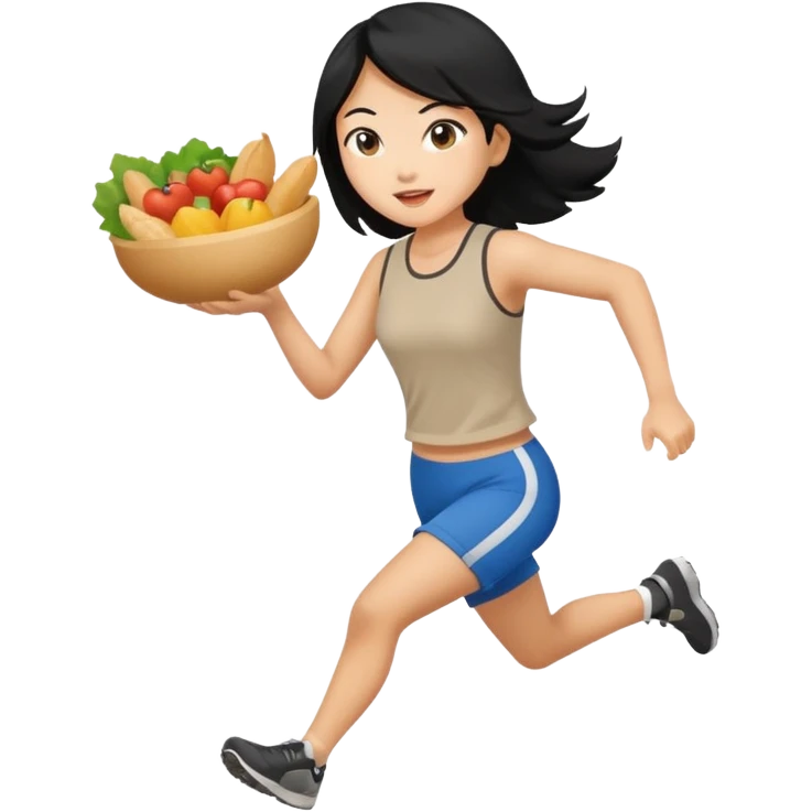 Asian woman with black hair running with food in hand emoji