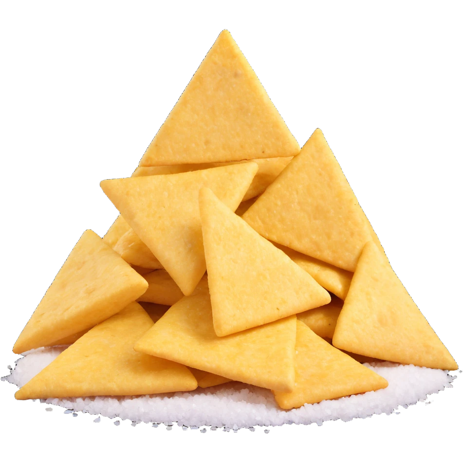 pile of crispy yellow corn tortilla chips, triangular shape, rough surface, light salt specks, slight curl, no dip or garnish, clean 3D style, soft lighting, emoji scale emoji