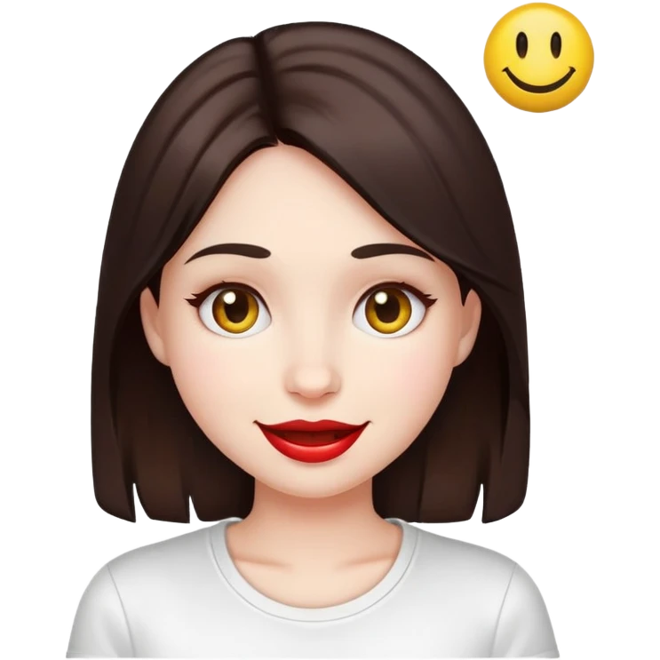 A pale girl with dark brown hair and eyes. Her lips are a light cherry colour. She is wearing a white t-shirt with a smiley face on it emoji