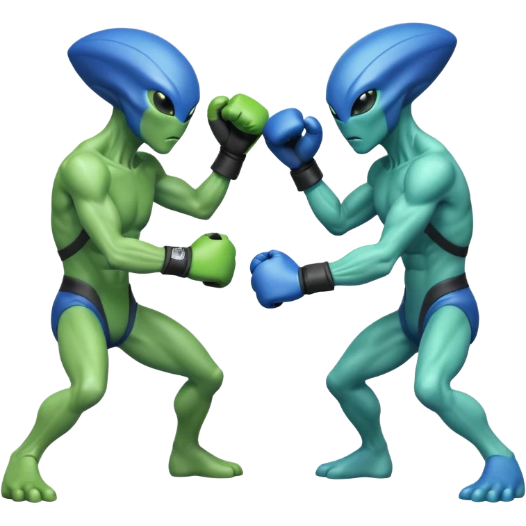 two aliens boxing in a fight stance, facing each other with raised gloves, dynamic action pose, intense expressions, sci-fi arena vibe, 3D cartoon style, mobile game icon style, clean background, no text, no watermark
 emoji