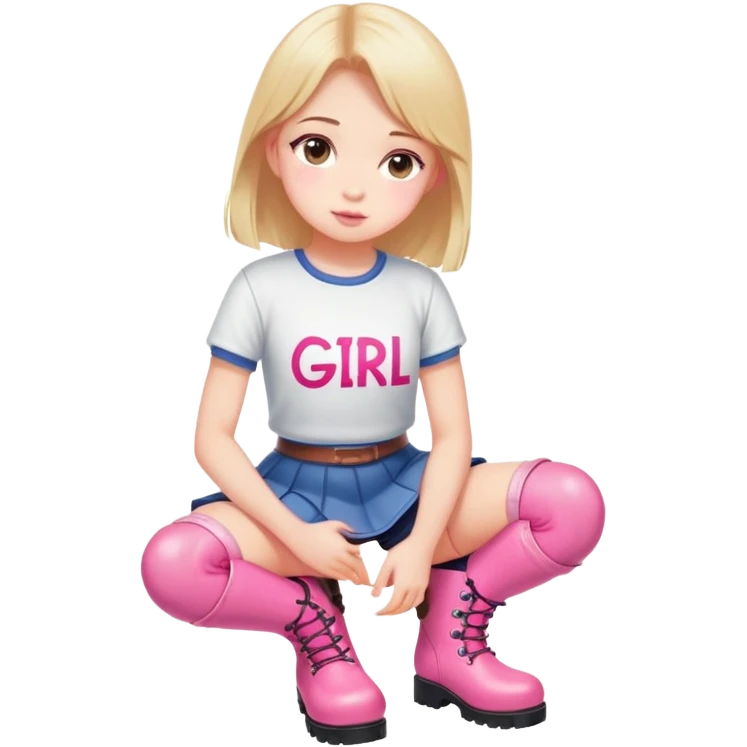  top and skirt with pink inscription “girl”  squatting in pink boots emoji