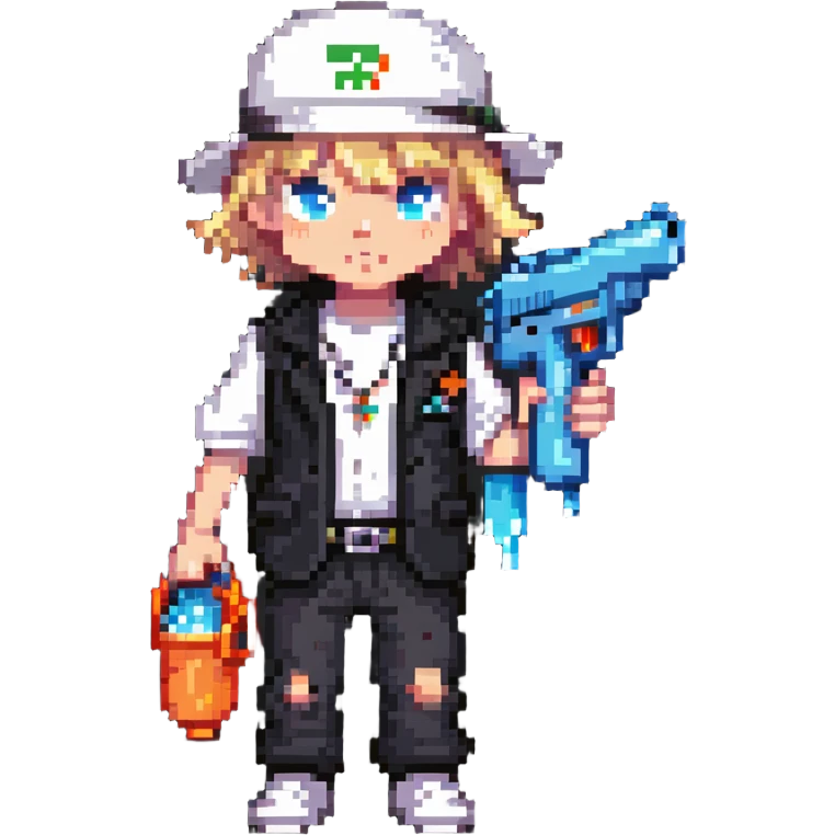 little white kid in gangster outfit, holding a water gun, fun and lighthearted emoji