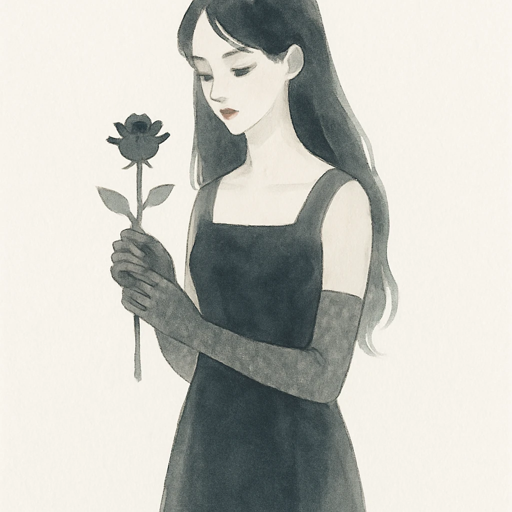 gothic girl, elegant long black dress, lace gloves, holding a black rose, watercolor art style emoji