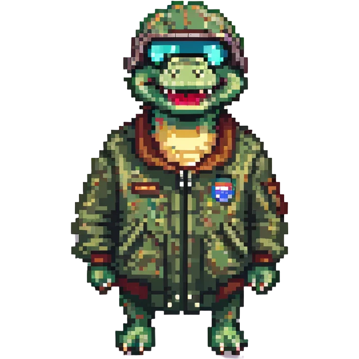 pixel art crocodile wearing a bomber jacket and helmet, mischievous grin emoji
