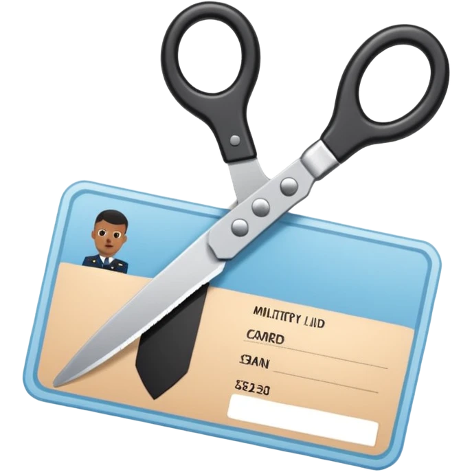 Floating black Scissors cutting a light blue military ID card in 2 parts .hyper realistic emoji