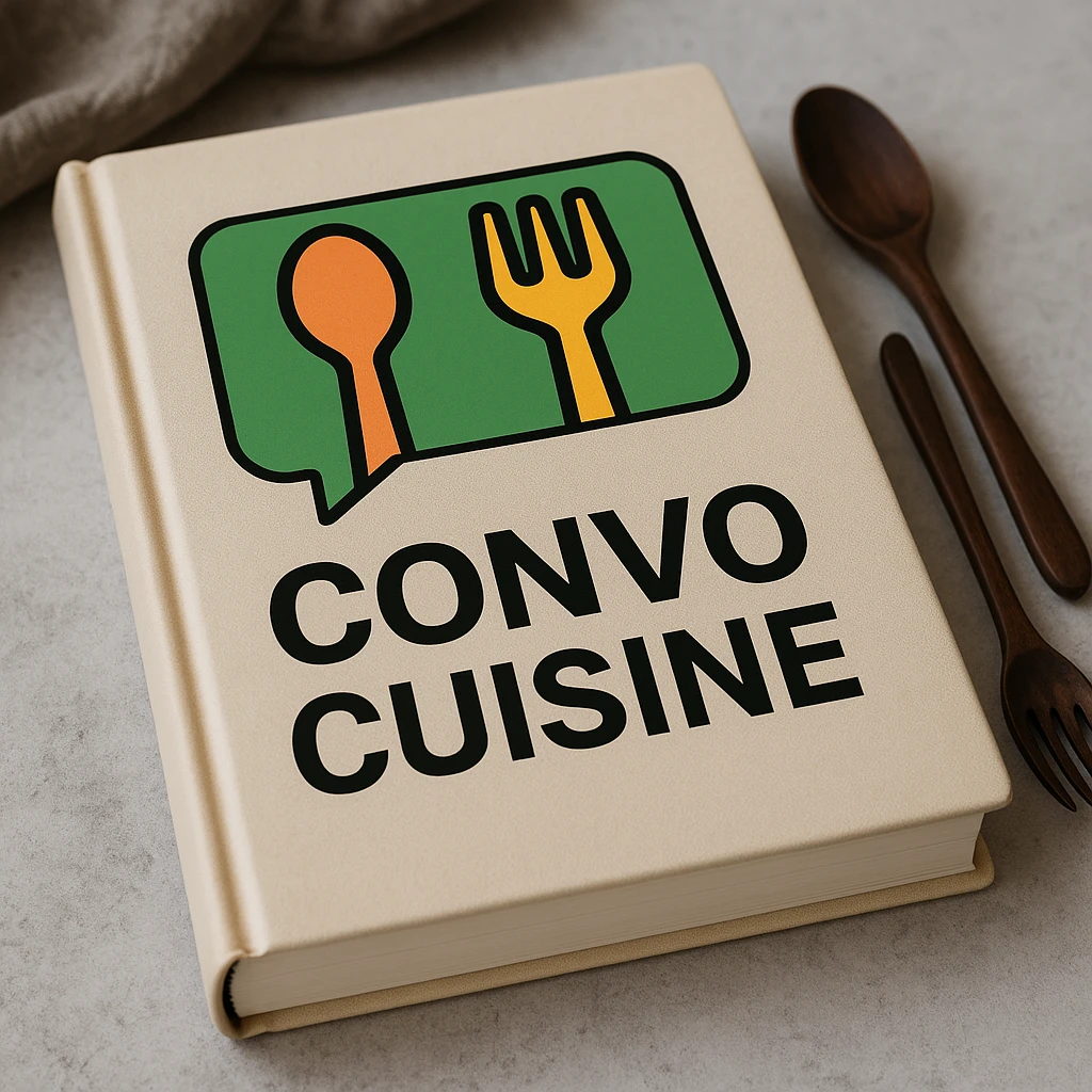 Place the green modern clean food-inspired logo prominently and clearly on a cookbook background, ensuring the logo stands out and is easily visible. emoji