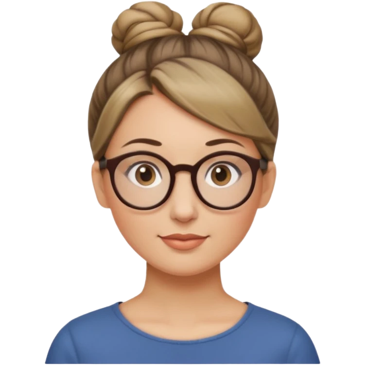 femme de 38 ans avec des cheveux blond foncé sans mèche devant, un chignon haut, yeux bruns, lunettes rondes emoji