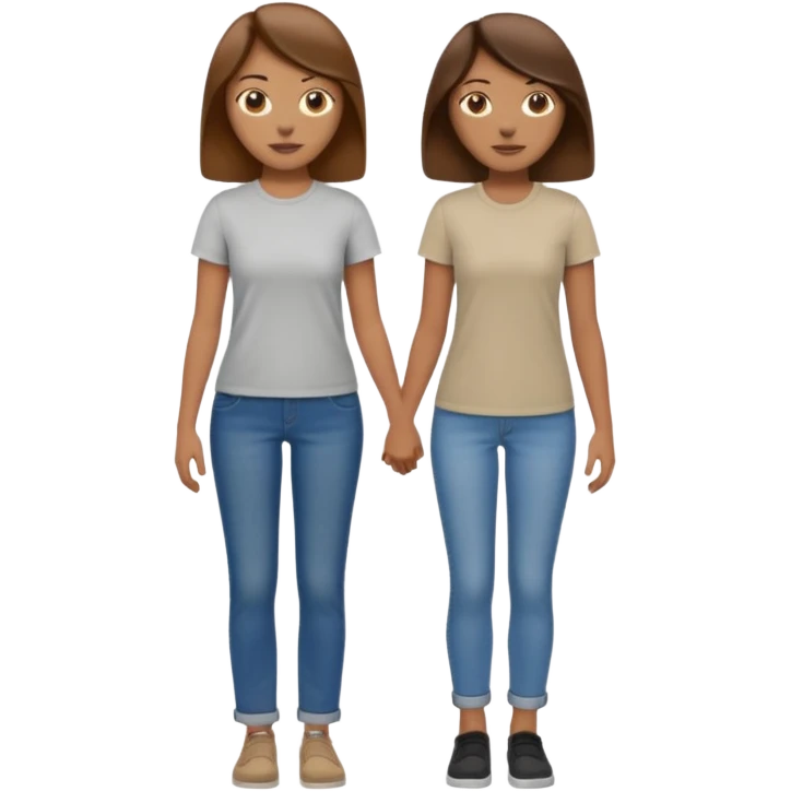 based on emoji style, two people walking together, They are not holding hands. one is brown-haired woman, wearing a shirt,  Another one is a non-binary person, wearing t shirt and jeans, and the second person doesn't have anything on their hands.  emoji