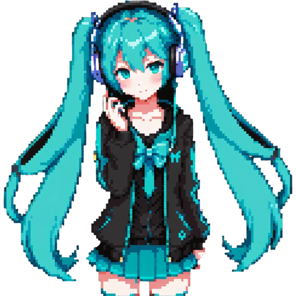 Hatsune Miku with teal twin tails, headphones, and signature outfit emoji