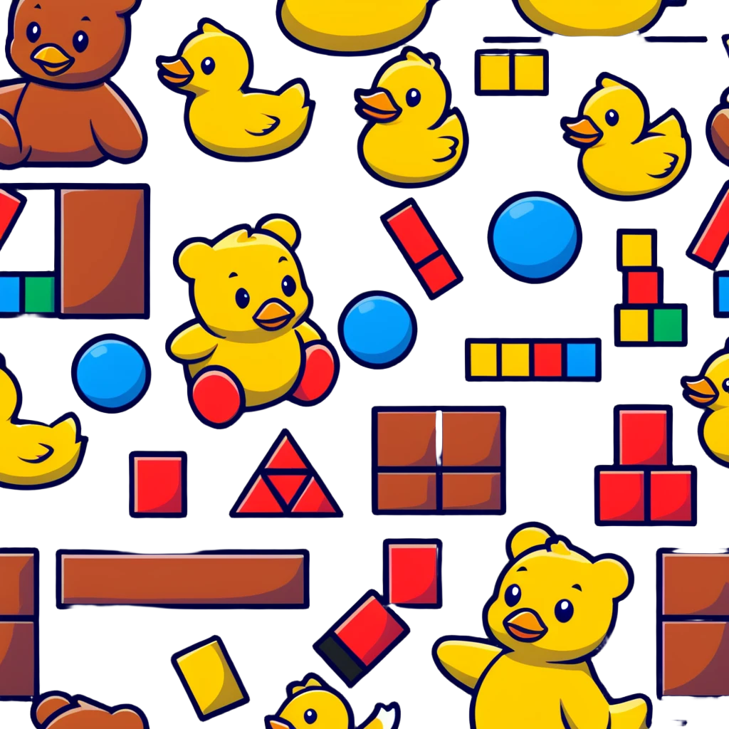 Colorful toys scattered together - teddy bear, rubber duck, toy blocks, ball, and action figures emoji