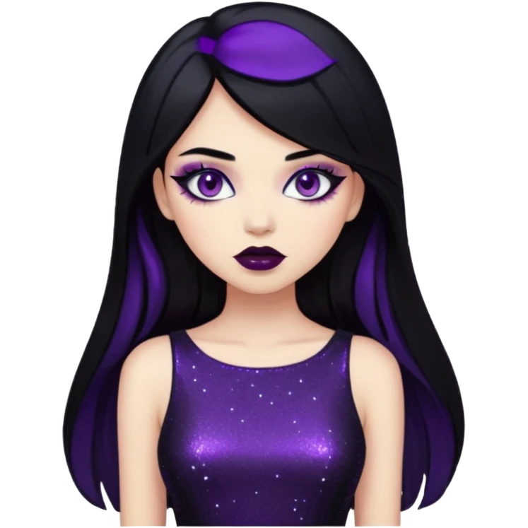 girl with long black hair, shiny glittery black night dress, purple makeup, dark red lipstick, edgy vibe emoji