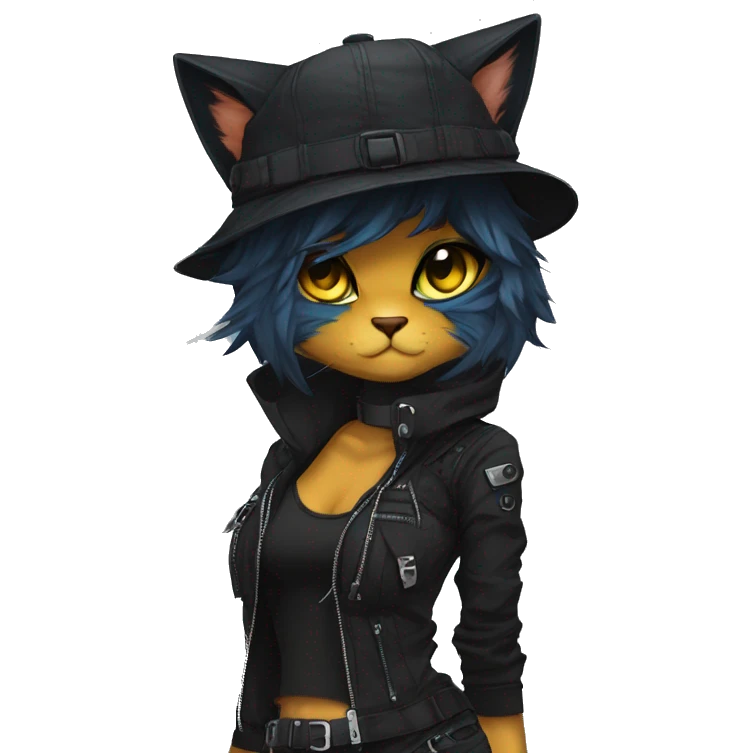 Edgy Beautiful Cool Anthro dark cat-fursona punk techwear and hat emoji