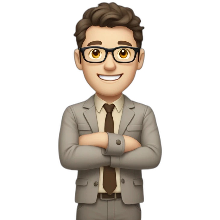 Joyful Pale skinned Fit Man With dark brown hair in gray jacket, beige office shirt, Brown pants and vintage glasses. His thrumbs up emoji