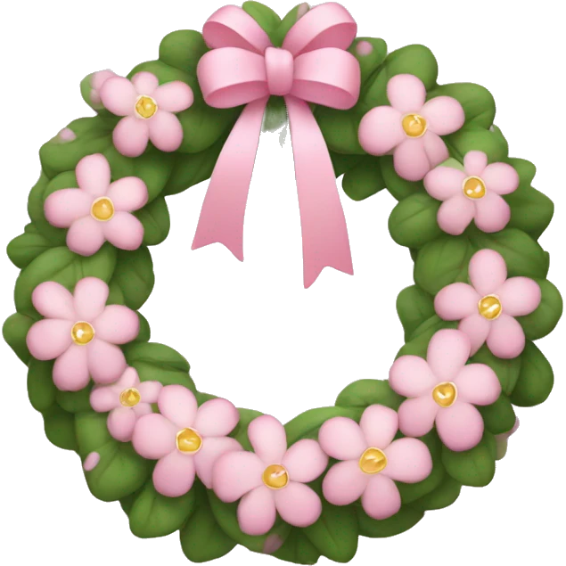 Pink wreath with small white flowers, tiny hearts, and a soft pink ribbon emoji