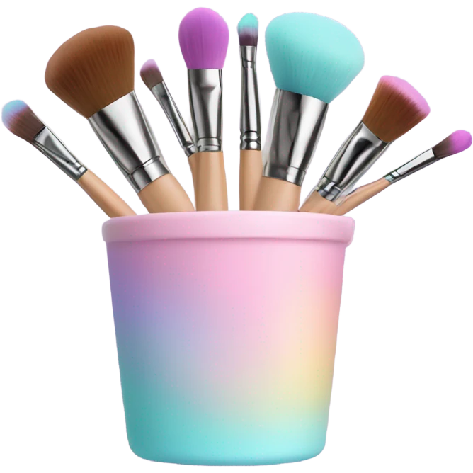 Realistic pastel makeup brushes and sponge in a cup holder emoji