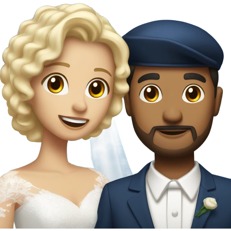 Puerto rican beard short hair with blue hat and navy blue suit getting Married with blond long hair girl with white  wedding dress  emoji