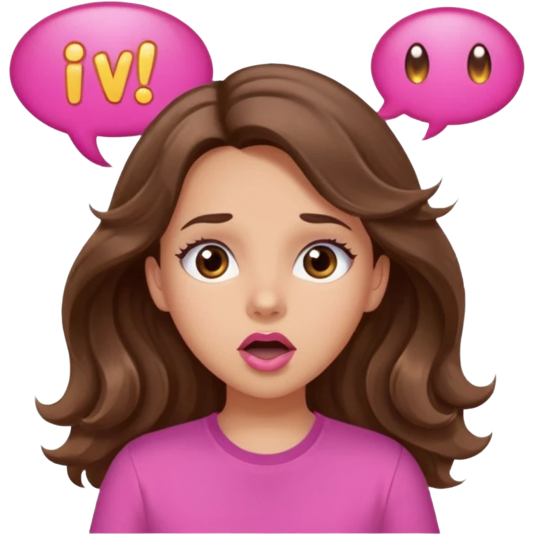 girl with long wavy brown hair, brown eyes, light to medium complexion, in a pink shirt, pink lips, long lashes, surprised, wow speech bubble emoji