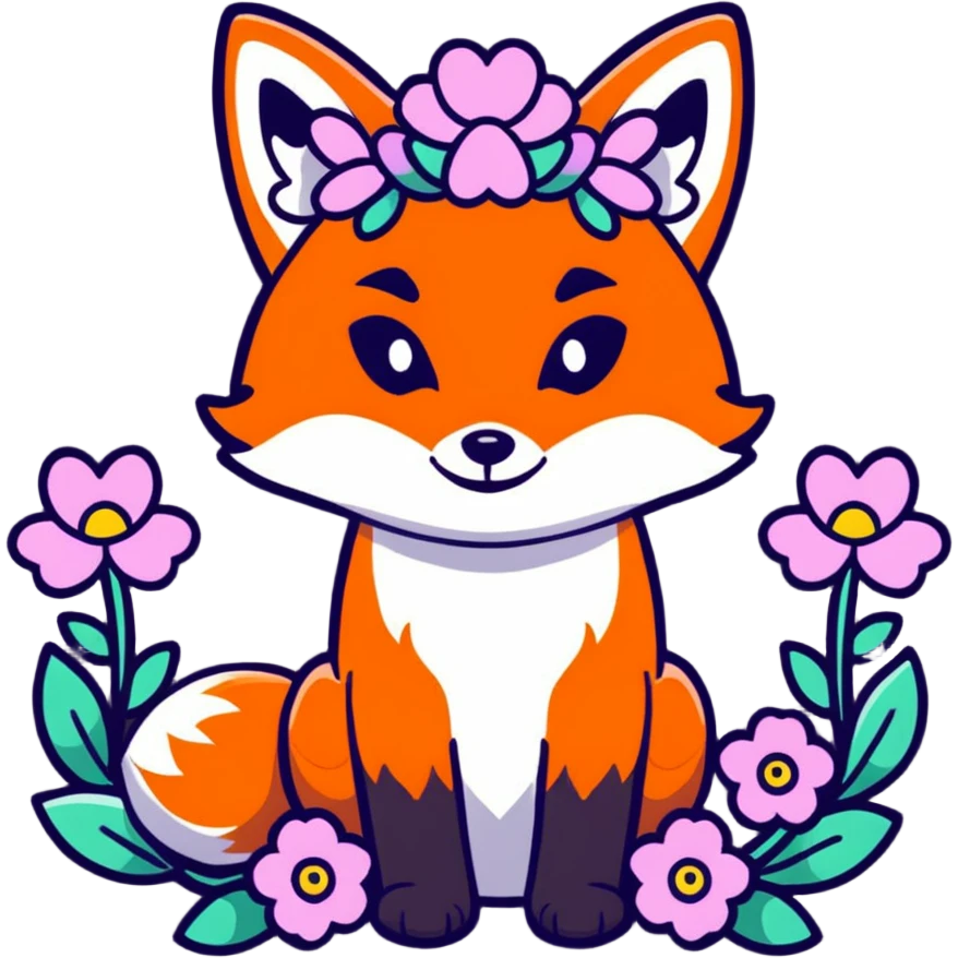 fox with a colorful flower crown, spring flowers, May Day festival vibe emoji