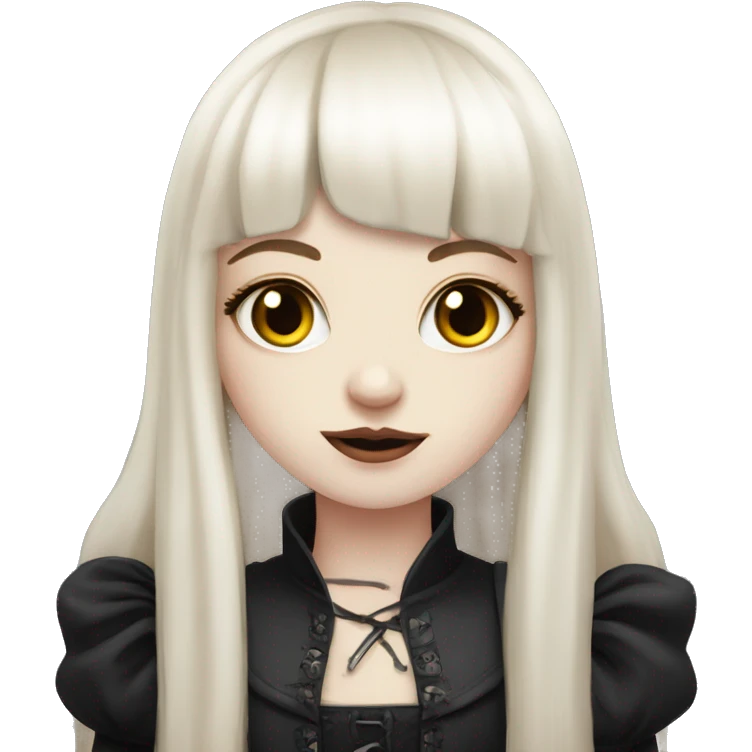 pale skinned girl with long ruby hair with fringe bangs and is in gothic outfit emoji