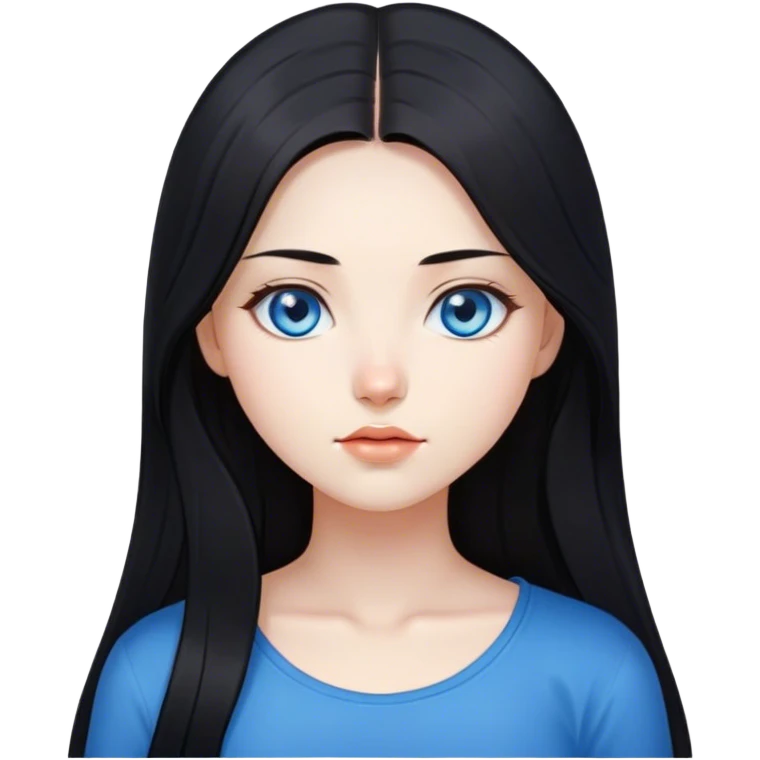 a girl with fair skin, straight long black hair, blue eyes, standing, very beautiful, very hot,Korean American Russian emoji