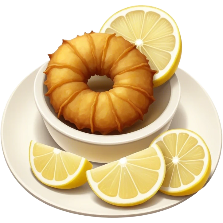 Fried kalamari Greek snack with a slice of lemon on the side emoji