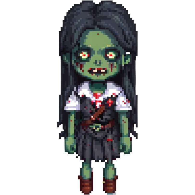 girl zombie with black long hair with teeth and serious face emoji