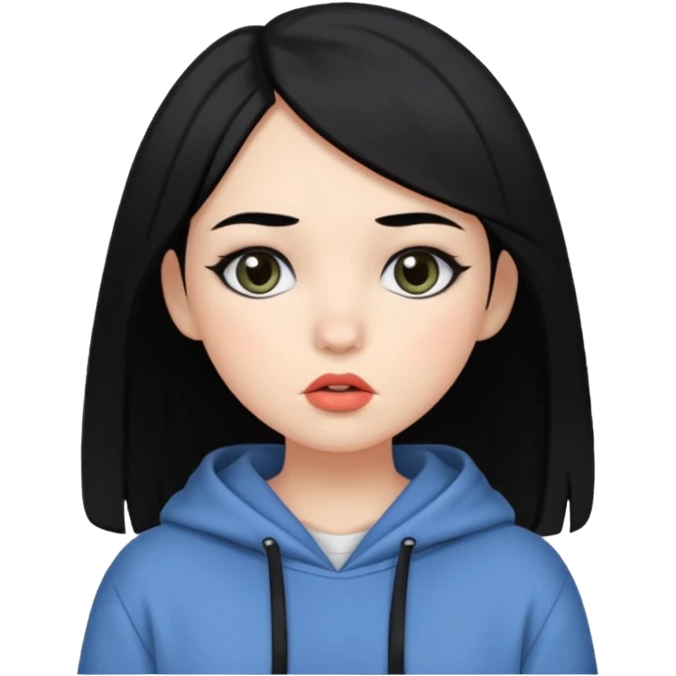 A bit white,has black hair and eyes, hush cut hair, has cute makeup, baggy clothes emoji