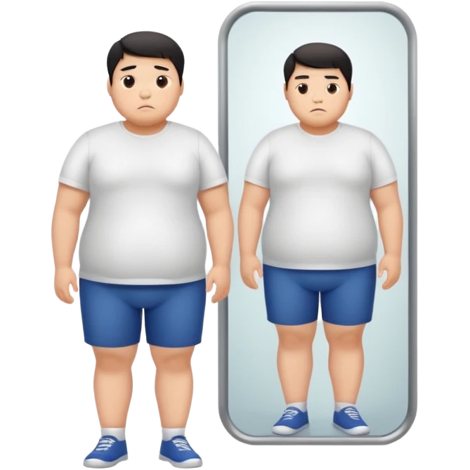 A young Asian guy looks sadly at his overweight body in the full-length mirror. emoji