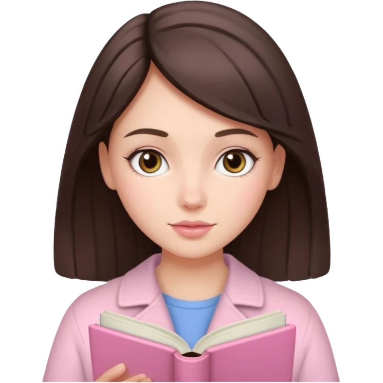 Beautiful brunette girl with fair skin reading a pastel pink book emoji