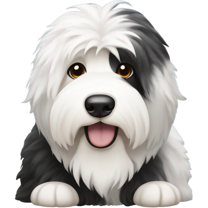 Old English sheepdog with a half and half face like a black (right side) and white (left side) cookie emoji
