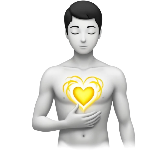 minimalist b&w male silhouette with flowing black-and-white curves across the lower body, now overlaid with a small, softly glowing spark or radiant light near the chest or head — heart symbolizing inspiration, inner fire, and creative energy awakening” yellow glow emoji