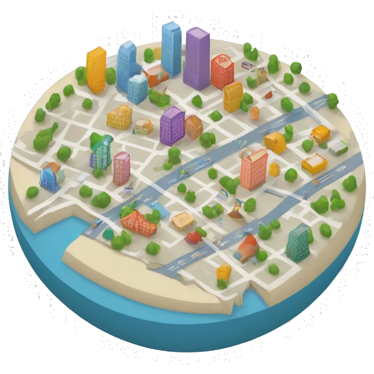 A map of a city with pins of different colors or shapes to represent different geographic locations. emoji