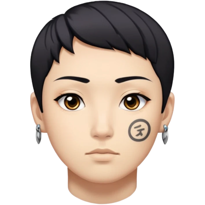 Japanese, with short black hair, black eyes, tattoo of a Roman numeral one on the left cheekbone emoji