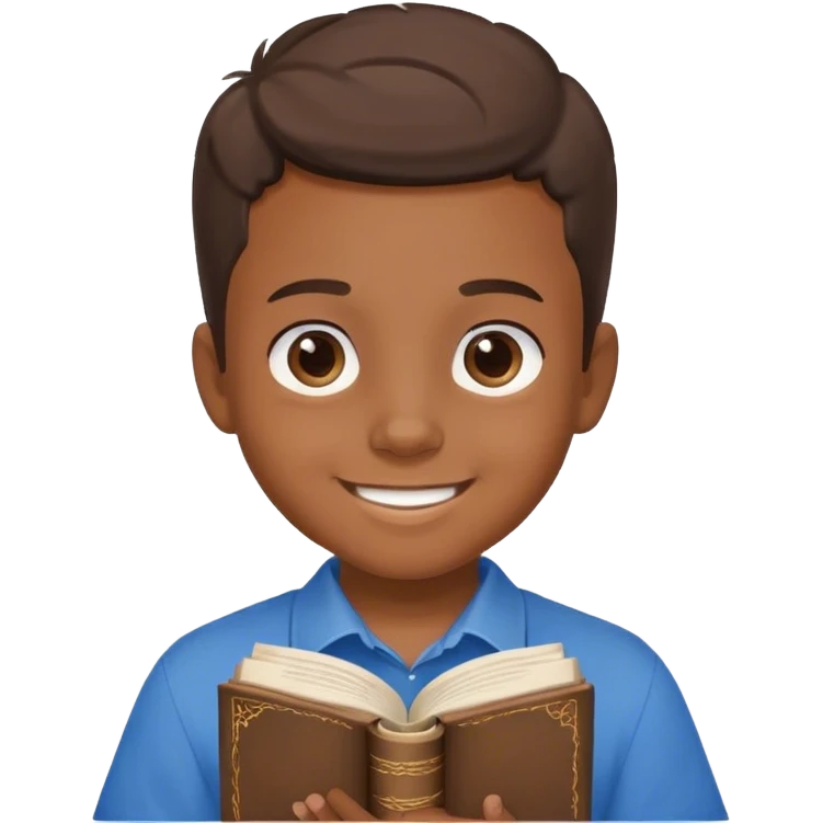 smiling boy in blue shirt with a bible  emoji