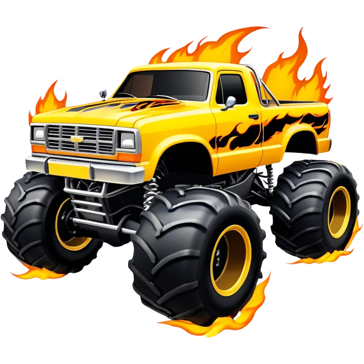 Maximum Destruction - Monster Jam (Model Year: 2021) (Iconic colour: Yellow with black flames) - A ferocious monster truck featuring a vivid yellow base accented by dramatic black flame patterns. Emphasize sharp, high-contrast flame streaks across the body, creating a look of aggressive, explosive energy. emoji