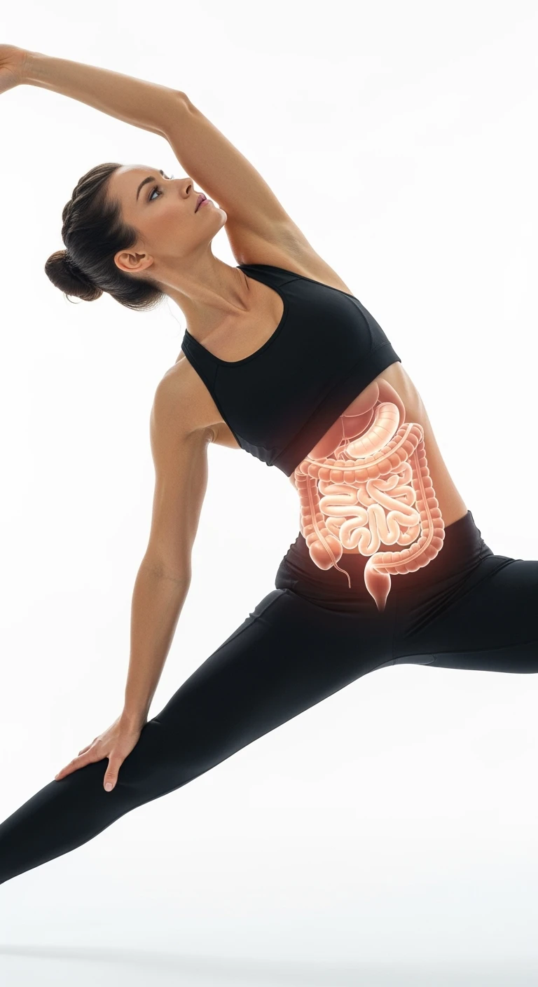 donna che fa stretching con intestino umano anatomico in evidenza, realistica 4k sfondo bianco emoji
