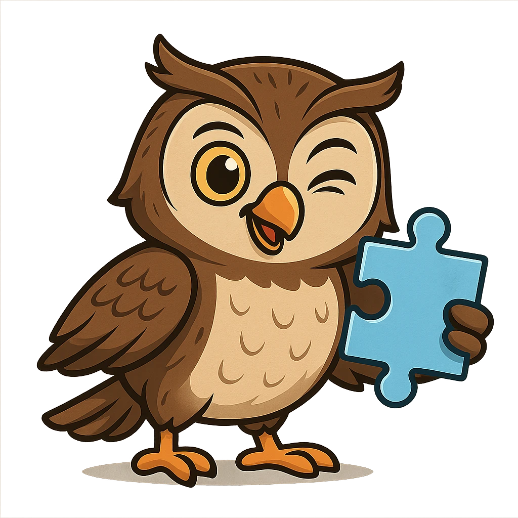 a clever bird named Coocoo, winking and holding a puzzle piece, symbolizing cleverness and problem-solving emoji