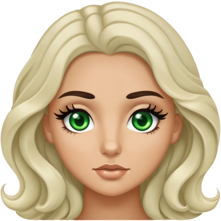 White girl with wavy black hair, green eyes with eyelashes and tan emoji