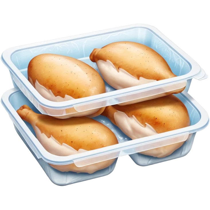 A pack of frozen chicken breasts inside a home freezer, sealed in clear plastic packaging with frost on the surface. The freezer shelves have other frozen items in the background, and cool white light reflects off the ice. Realistic photography, everyday kitchen scene. emoji