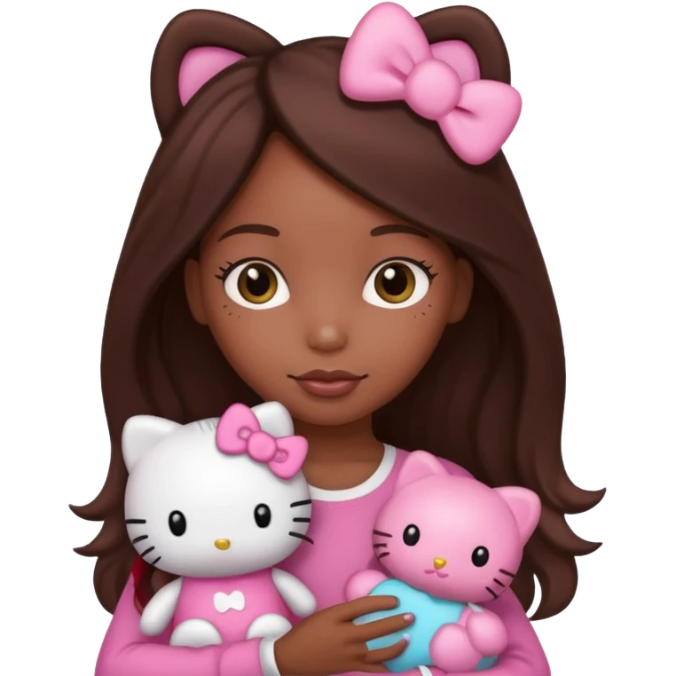 black girl with long brown hair holding a hello kitty emoji
