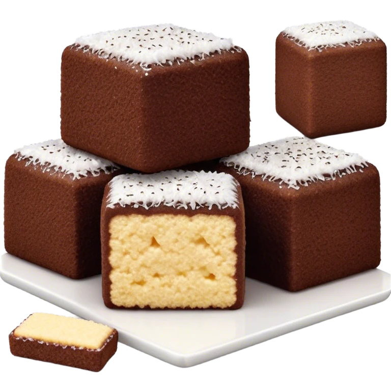 cinematic-realistic-lamingtons-dessert-emoji,-depicted-as-soft-sponge-squares-coated-in-chocolate-on all sides with coconut sprinkled on all side-rendered-with-mouth‚watering-detail-and-vibrant-lighting emoji