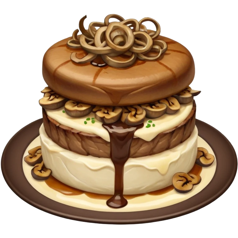 Filet mignon medium rare, mashed potatoes and gravy , in grilled chopped onions and grilled mushrooms, topped with crispy onions  emoji