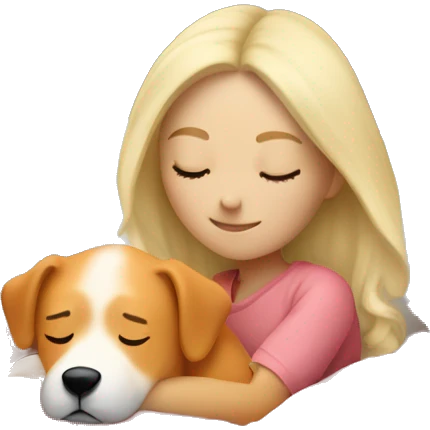 White blonde girl who sleeping peacefully with his orange dog in a bed with a white pillow and a pink blanket emoji