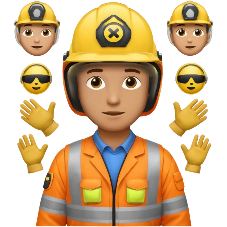a guy wearing safety outfit with helmet standing , around him safety gears emojis  emoji