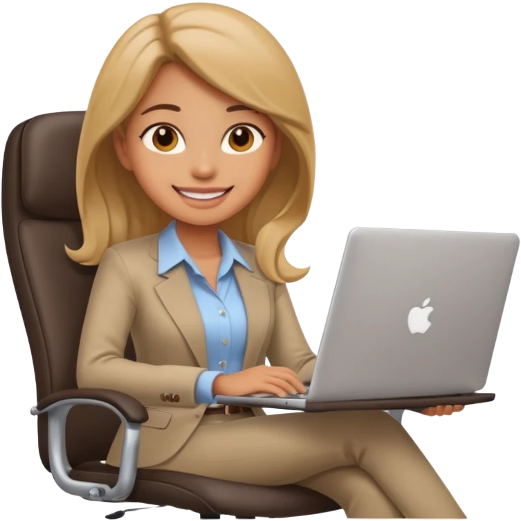 Cartoon faced girl relaxing in an office chair and smiling and working  emoji