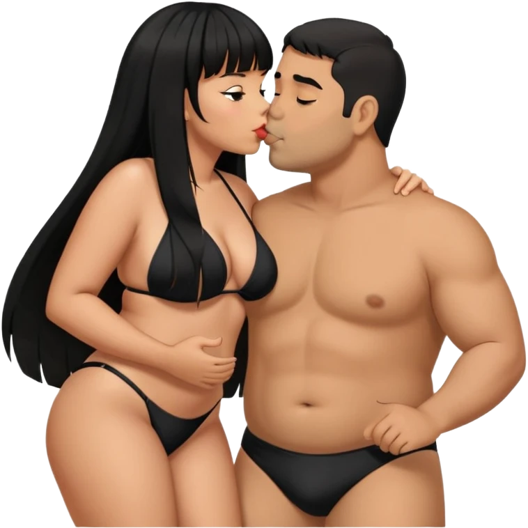 Latina female with bangs black long hair plus size in the beach with black bikini kissing Latin man with short hair  emoji