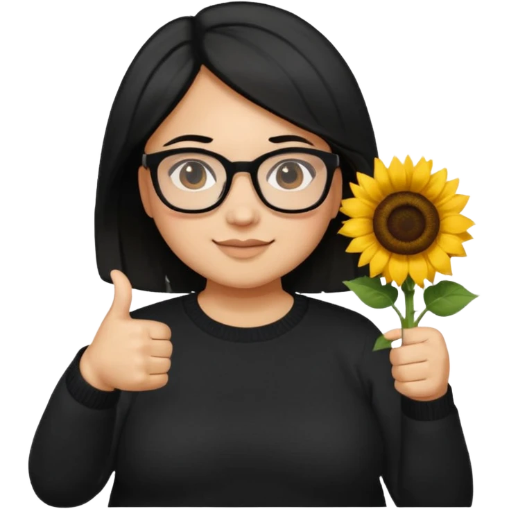 Make my biology teacher shes light brown, wears glasses, female, fat, all black sweater down and sunflower shirt under and make her give 1 thumbs up and she has black hair and chubby emoji