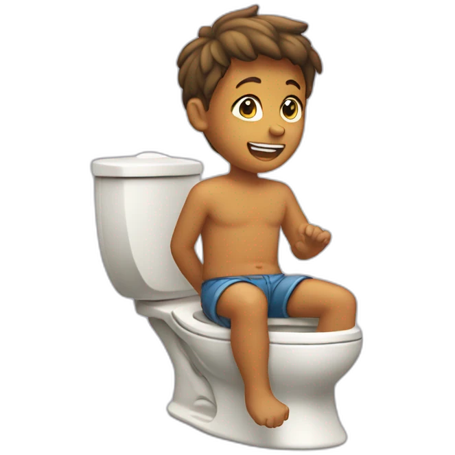 Boy sits on childish plastic potty emoji