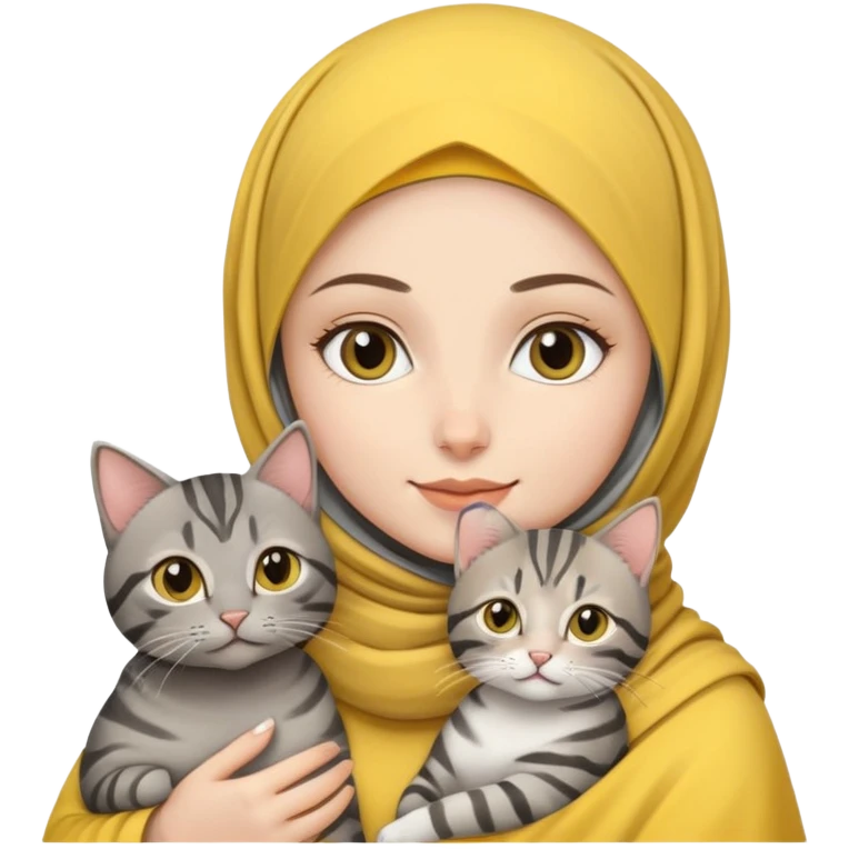 White girl wearing yellow hijab holding a black and grey tabby cat emoji