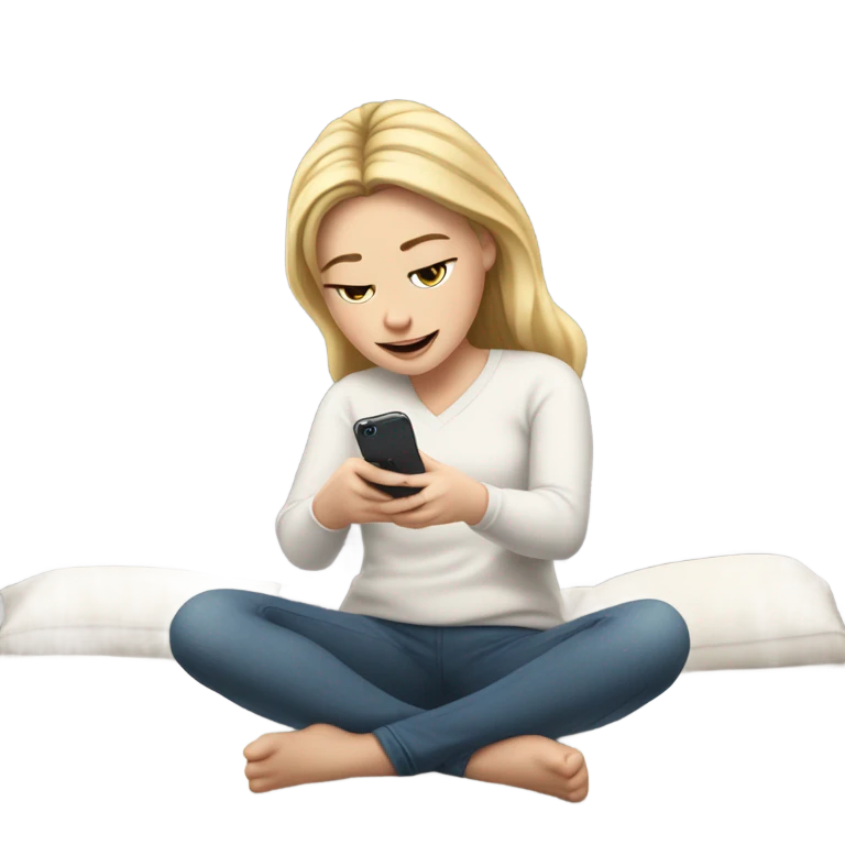 White girl in her room on her bed watching her iPhone 14  emoji